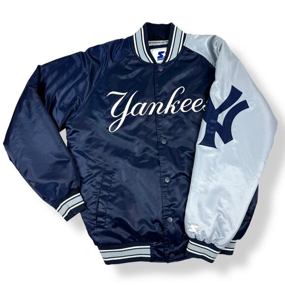 Rare STARTER NEW YORK YANKEES double sided Navy / Gray satin snap bomber jacket - Picture 15 of 16